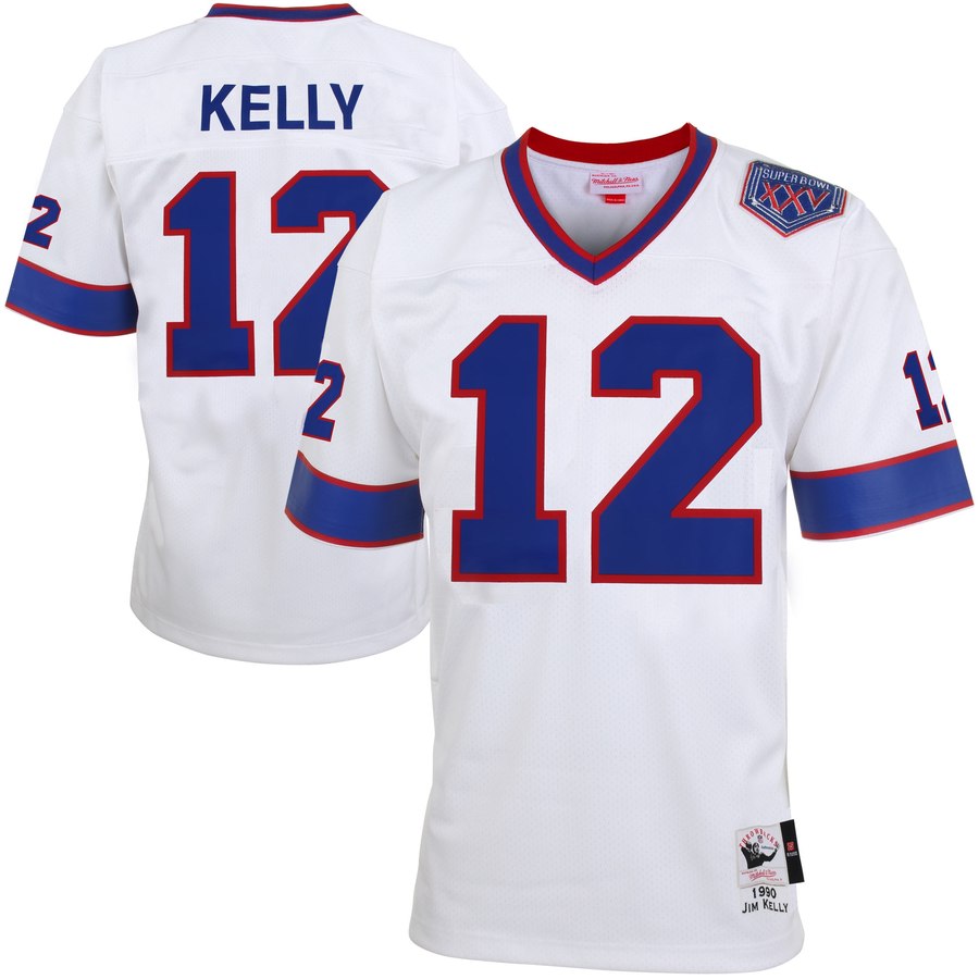 Mens Buffalo Bills Jim Kelly Mitchell And Ness White Super Bowl Xxv Patch Authentic Throwback Jersey