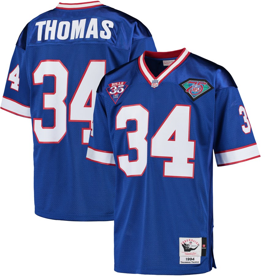 Mens Buffalo Bills Thurman Thomas Mitchell And Ness Royal 1994 35th Anniversary Patch Authentic Throwback Jersey