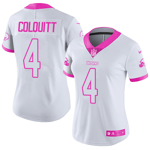 Women's Limited Britton Colquitt Nike Jersey White/Pink - #4 Rush Fashion NFL Cleveland Browns