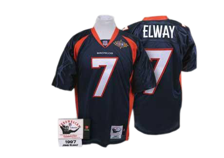 Men's Authentic John Elway Super Bowl Mitchell and Ness Jersey Navy Blue Alternate - #7 Throwback NFL Denver Broncos