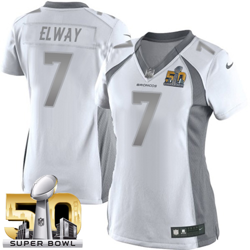 Women's Elite John Elway Super Bowl L Nike Jersey White - #7 Platinum NFL Denver Broncos