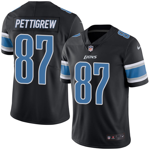 Men's Elite Brandon Pettigrew Nike Jersey Black - #87 Rush NFL Detroit Lions