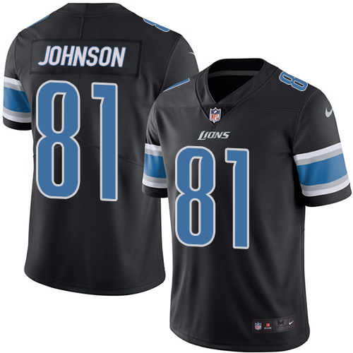 Men's Limited Calvin Johnson Nike Jersey Black - #81 Rush NFL Detroit Lions