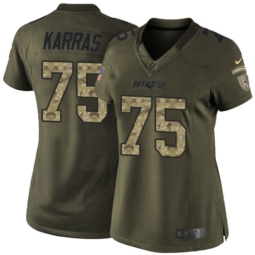 Women's Limited Ted Karras Nike Jersey Green - #75 Salute to Service NFL New England Patriots