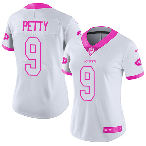 Women's Limited Bryce Petty Nike Jersey White/Pink - #9 Rush Fashion NFL New York Jets