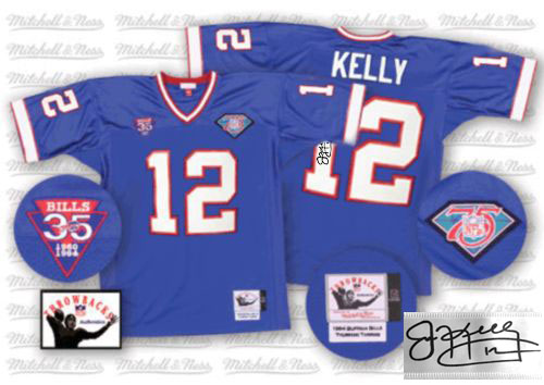 Authentic Jim Kelly Mens Throwback Jersey - Buffalo Bills #12 35th Patch Autographed Home Royal Blue Mitchell and Ness NFL