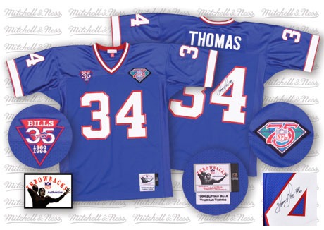 Authentic Thurman Thomas Mens Throwback Jersey - Buffalo Bills #34 35th Patch Autographed Home Royal Blue Mitchell and Ness NFL