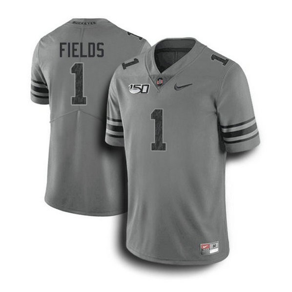 Mens Justin Fields Ohio State Buckeyes #1 Game Dark Grey College Football Jersey 102